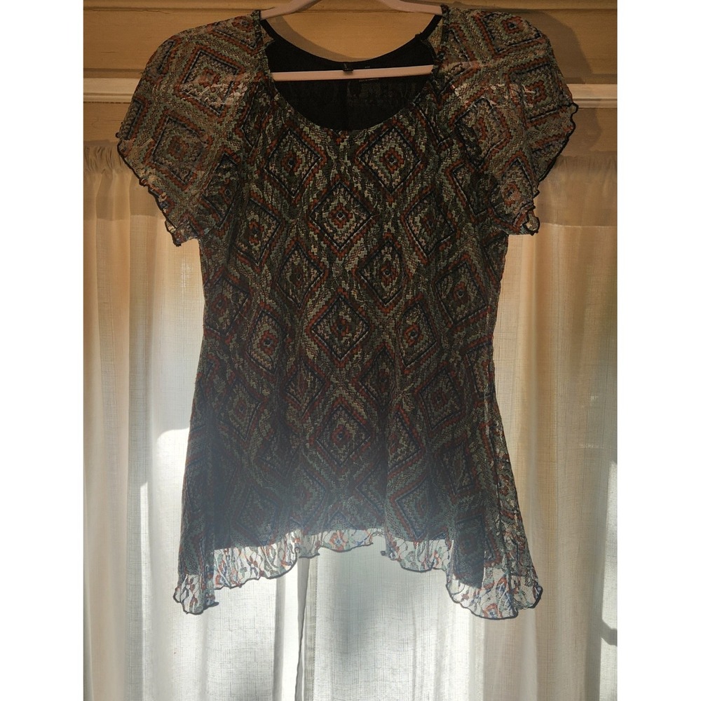 New Directions Blue Geometric Print Blouse Cowl Neck Short Sleeve Pullover Top